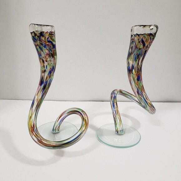 Vintage Candlesticks Hand Blown Michael Hudson Twisted Glass Confetti Set of 2 - Picture 6 of 15